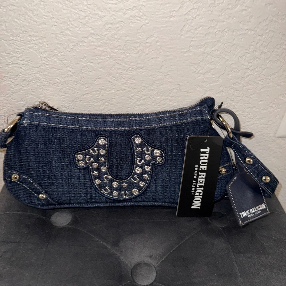 True Religion Dark Denim Shoulder Bag - Dark Blue with Silver Studs - Picture 4 of 7